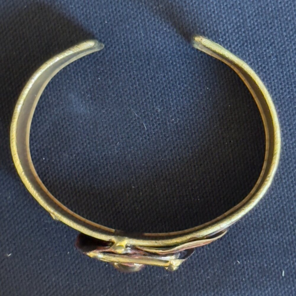 South African Hand-crafted Brass Cuff Bracelet Abstract Red Gold Metal Accents - Picture 12 of 13